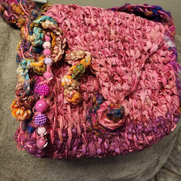 Handmade new, crocheted pink purse. 8x8 and handle 22in, button closure. - Picture 2 of 3
